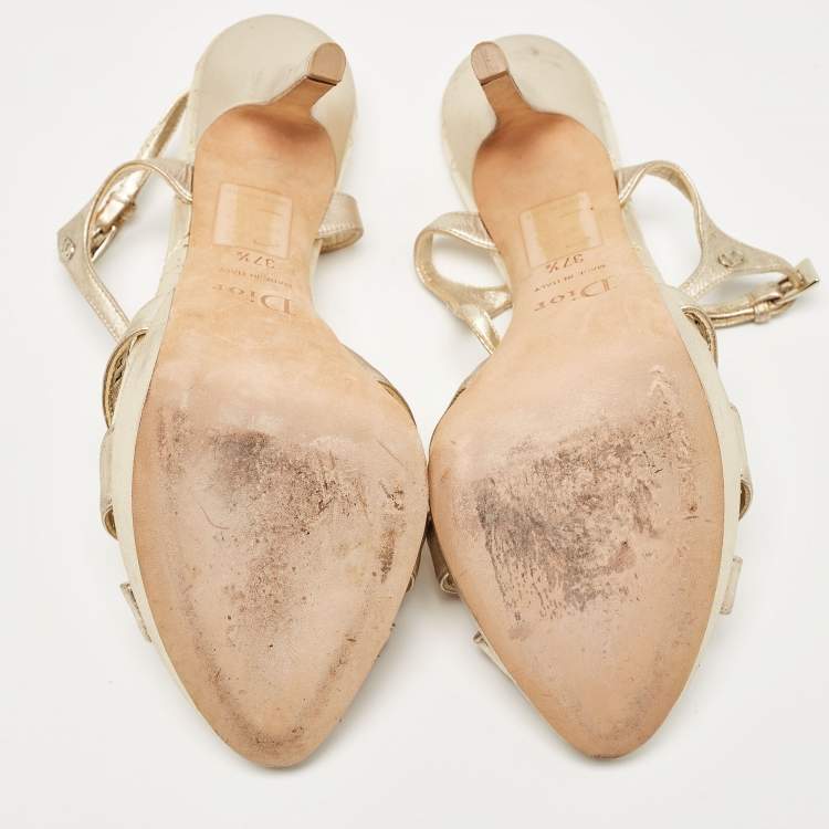 Pre Owned Dior Gold Leather Rose Chain Ankle Strap Platform Sandals Size 37.5