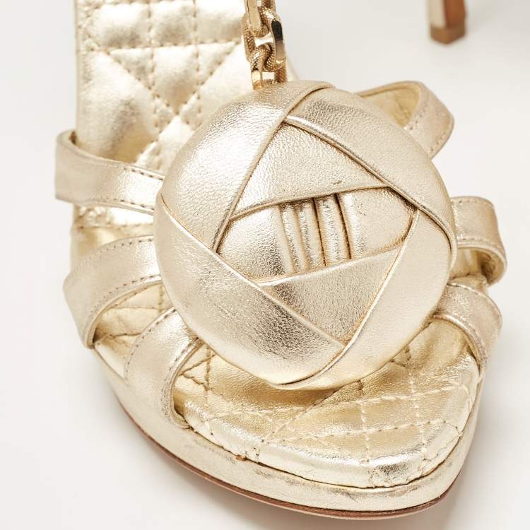 Pre Owned Dior Gold Leather Rose Chain Ankle Strap Platform Sandals Size 37.5