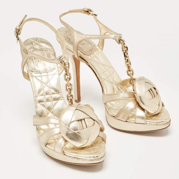 Pre Owned Dior Gold Leather Rose Chain Ankle Strap Platform Sandals Size 37.5
