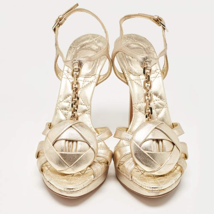 Pre Owned Dior Gold Leather Rose Chain Ankle Strap Platform Sandals Size 37.5