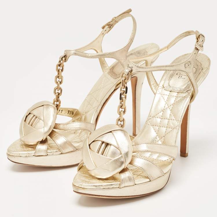 Pre Owned Dior Gold Leather Rose Chain Ankle Strap Platform Sandals Size 37.5