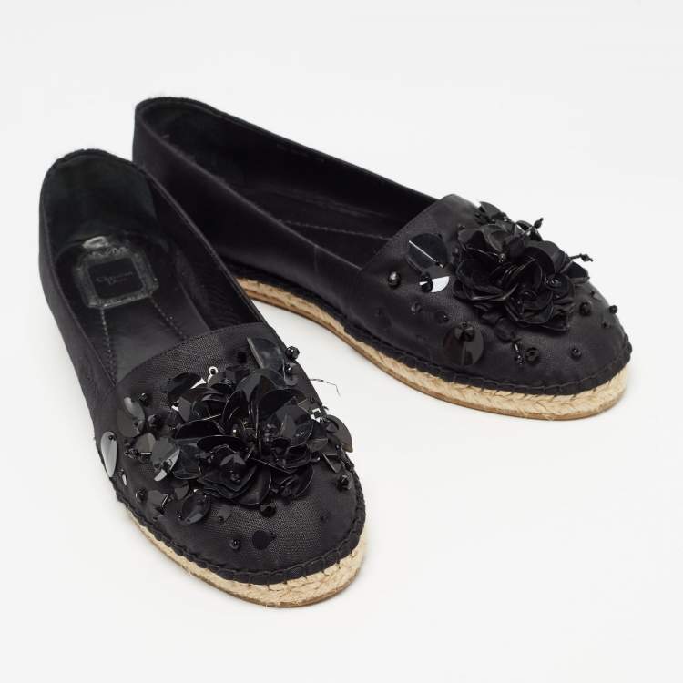 Pre Owned Dior Black Canvas Crystal Embellished Slip On Espadrille Flats Size 42 