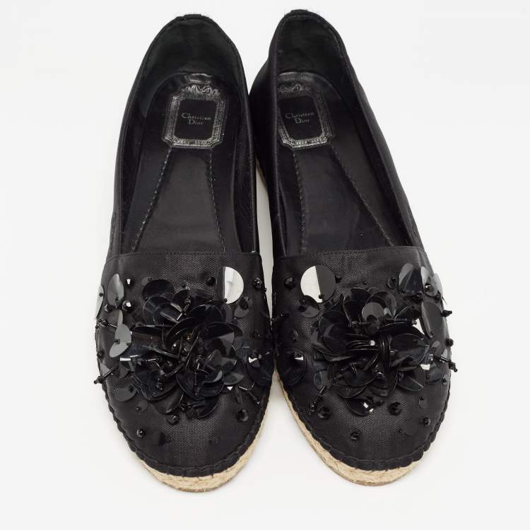 Pre Owned Dior Black Canvas Crystal Embellished Slip On Espadrille Flats Size 42 
