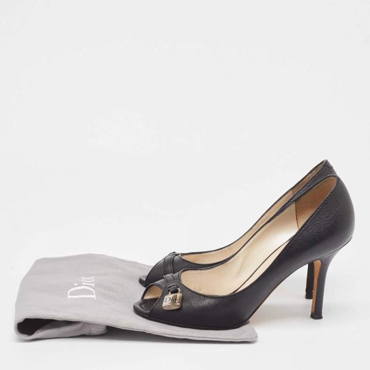 Pre Owned Dior Black Leather Lock Detail Peep Toe Pumps Size 37