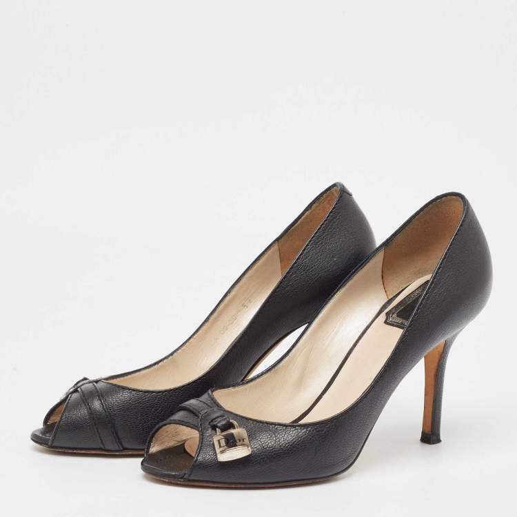 Pre Owned Dior Black Leather Lock Detail Peep Toe Pumps Size 37