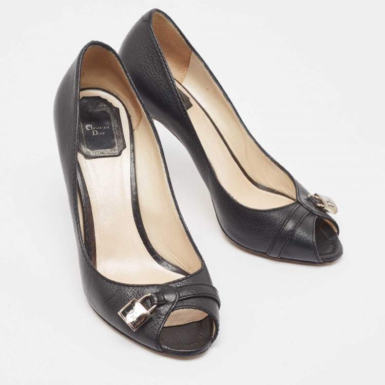 Pre Owned Dior Black Leather Lock Detail Peep Toe Pumps Size 37