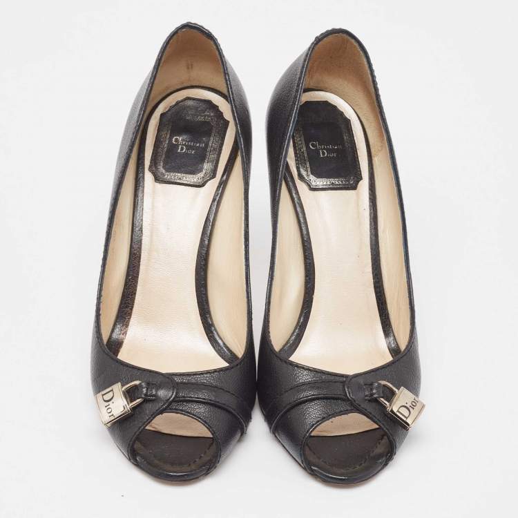 Pre Owned Dior Black Leather Lock Detail Peep Toe Pumps Size 37