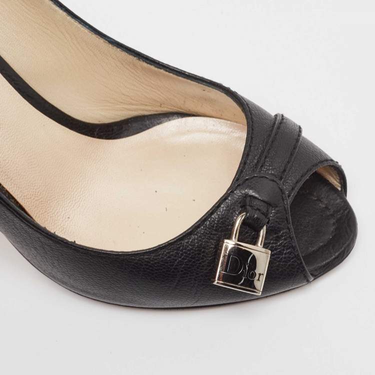 Pre Owned Dior Black Leather Lock Detail Peep Toe Pumps Size 37