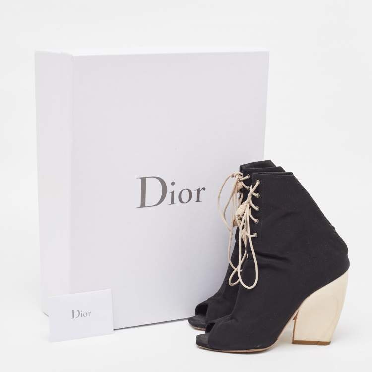 Pre Owned Dior Black Canvas Open Toe Lace Up Ankle Boots Size 37.5