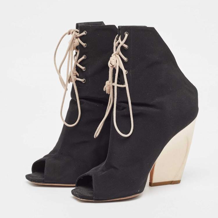 Pre Owned Dior Black Canvas Open Toe Lace Up Ankle Boots Size 37.5