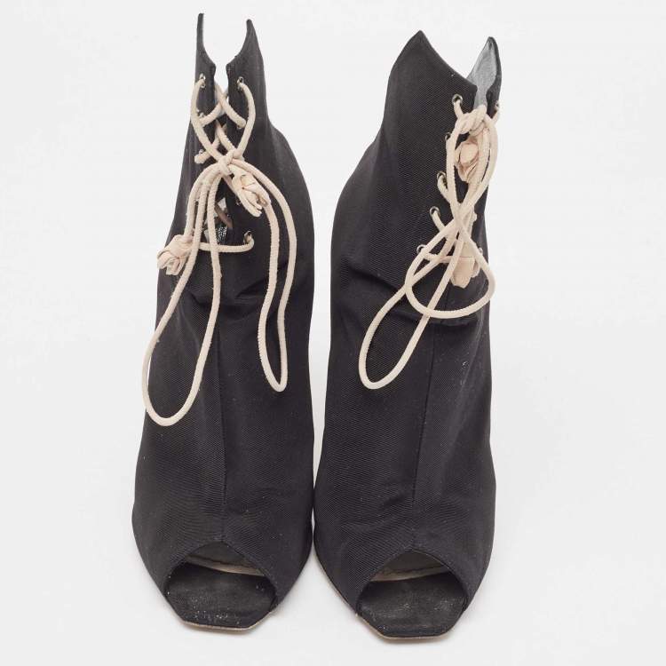 Pre Owned Dior Black Canvas Open Toe Lace Up Ankle Boots Size 37.5