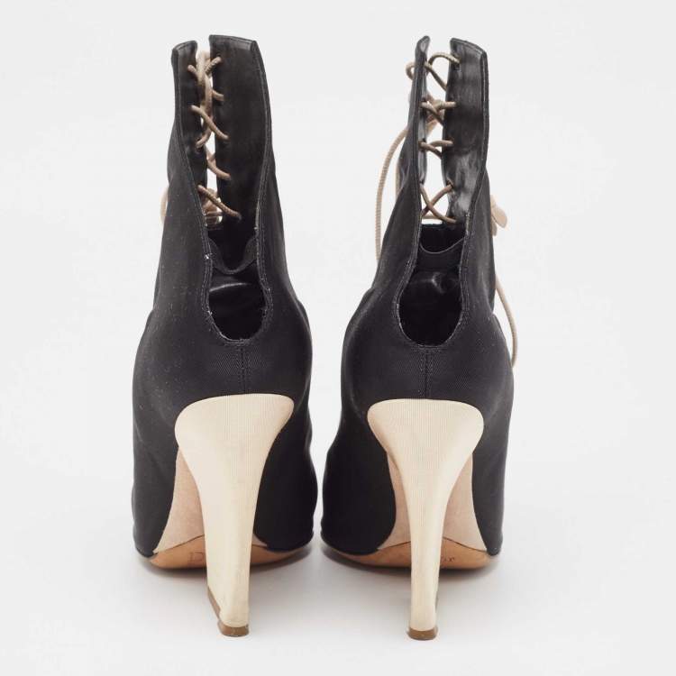 Pre Owned Dior Black Canvas Open Toe Lace Up Ankle Boots Size 37.5