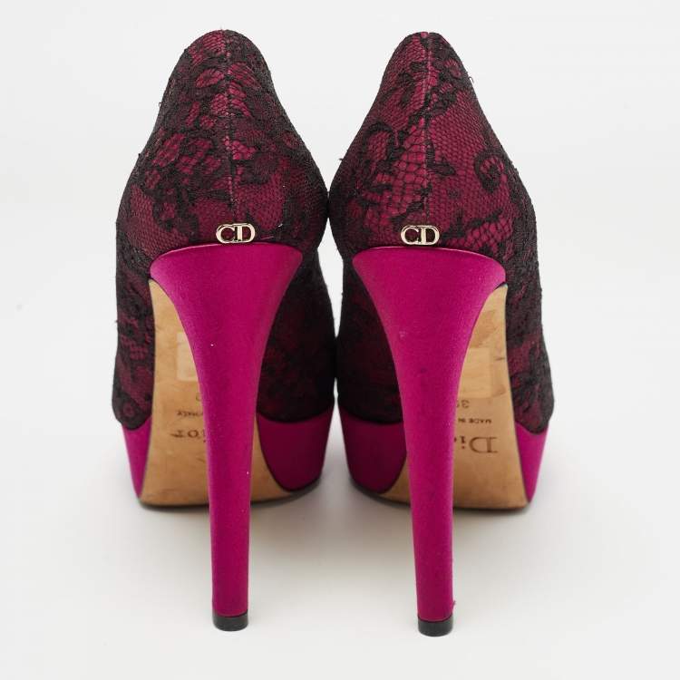Pre Owned Dior Purple/Black Satin and Lace Peep Toe Platform Pumps Size 39