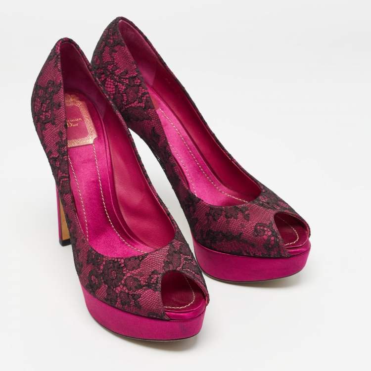 Pre Owned Dior Purple/Black Satin and Lace Peep Toe Platform Pumps Size 39