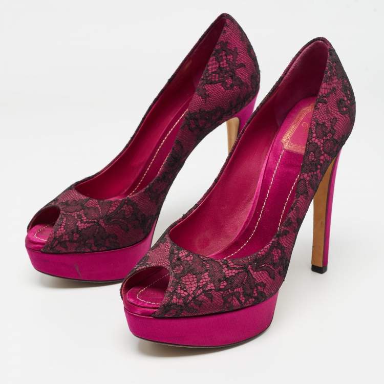 Pre Owned Dior Purple/Black Satin and Lace Peep Toe Platform Pumps Size 39
