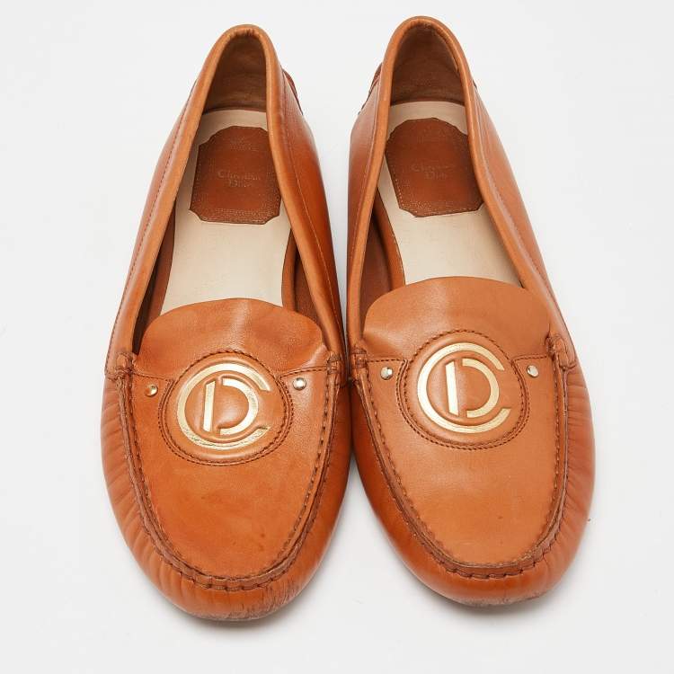 Pre Owned Dior Orange Leather Slip On Loafers Size 37