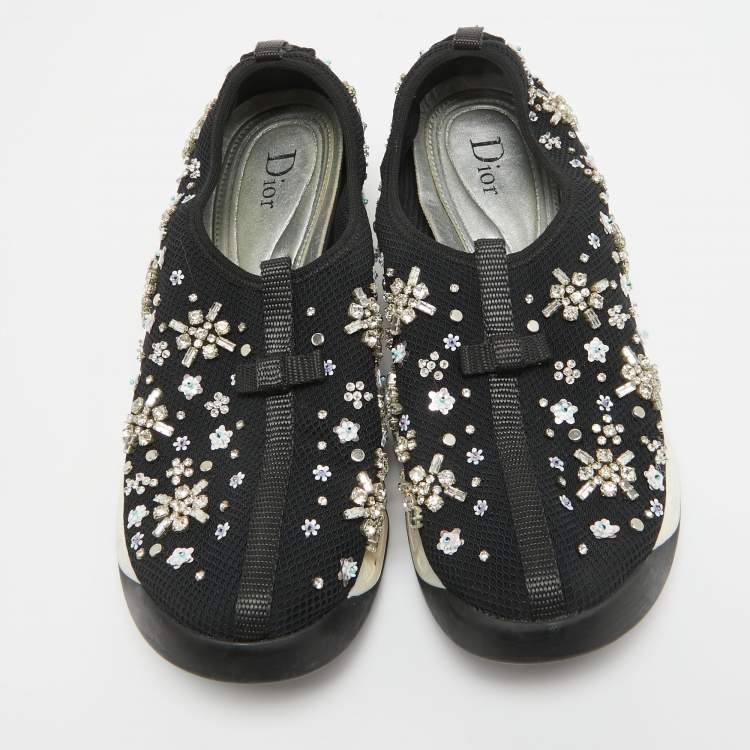 Pre Owned Dior Black Crystal Embellished Mesh Fusion Sneakers Size 39.5