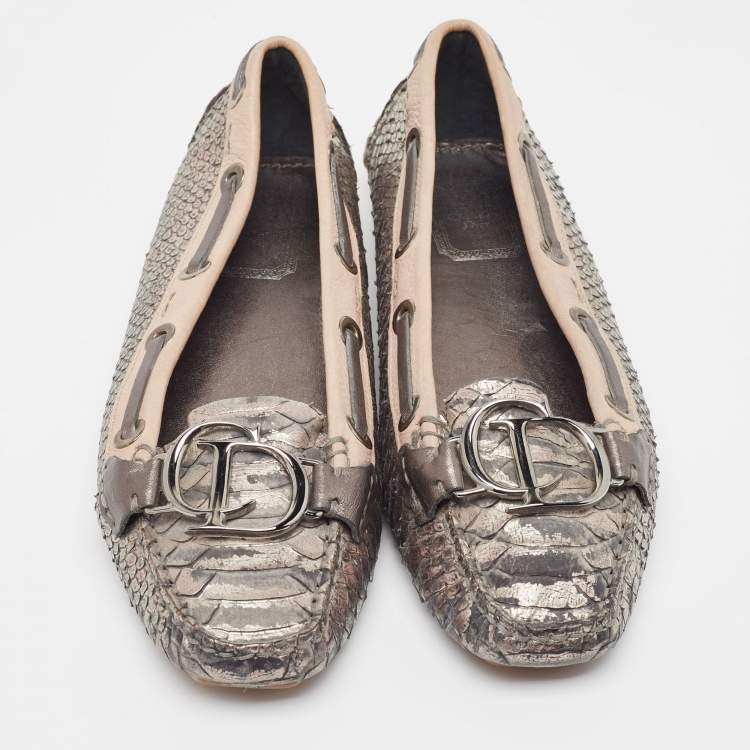 Pre Owned Dior Silver/Beige Python Embossed and Leather Loafers Size 38
