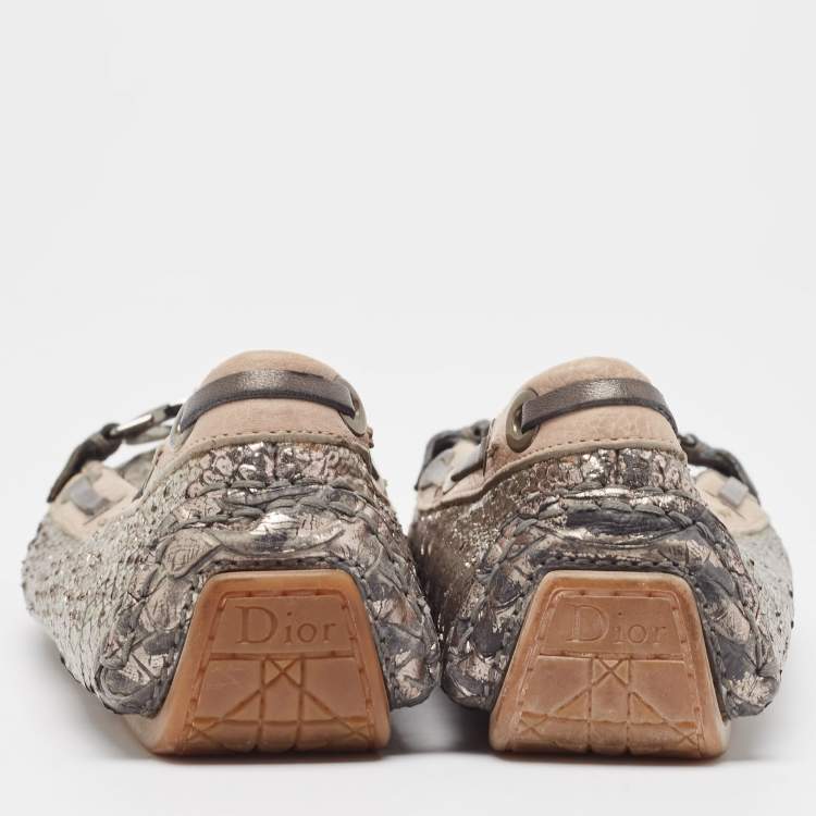 Pre Owned Dior Silver/Beige Python Embossed and Leather Loafers Size 38