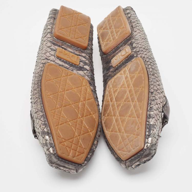 Pre Owned Dior Silver/Beige Python Embossed and Leather Loafers Size 38