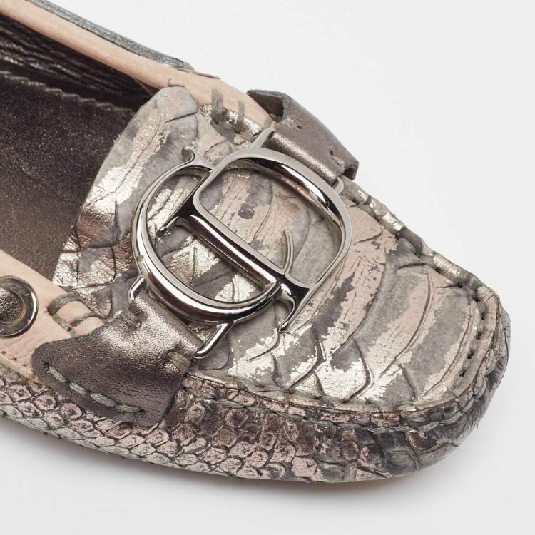 Pre Owned Dior Silver/Beige Python Embossed and Leather Loafers Size 38