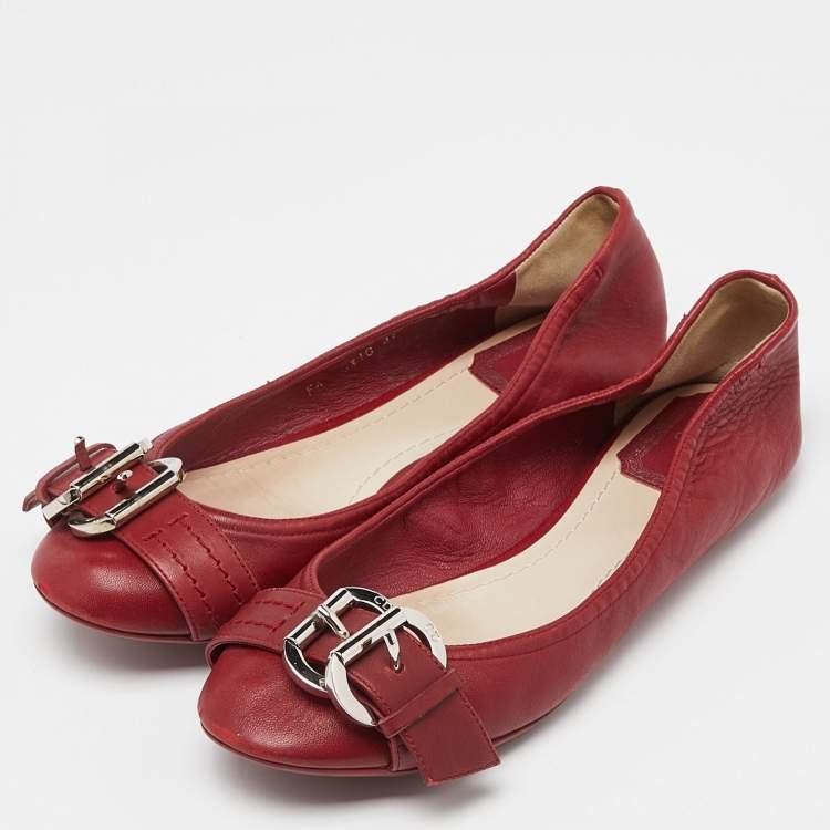 Pre Owned Dior Red Leather Buckle Ballet Flats Size 37
