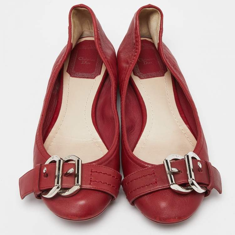Pre Owned Dior Red Leather Buckle Ballet Flats Size 37