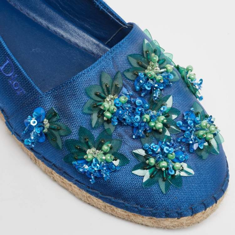 Pre Owned Dior Blue Canvas Crystal Embellished Fusion Espadrille Flats Size 36