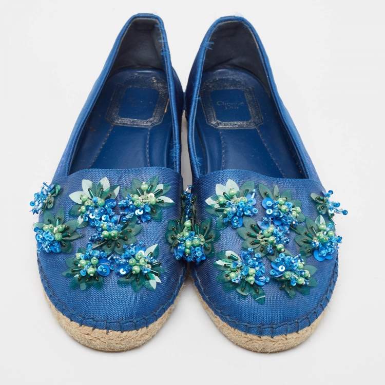Pre Owned Dior Blue Canvas Crystal Embellished Fusion Espadrille Flats Size 36