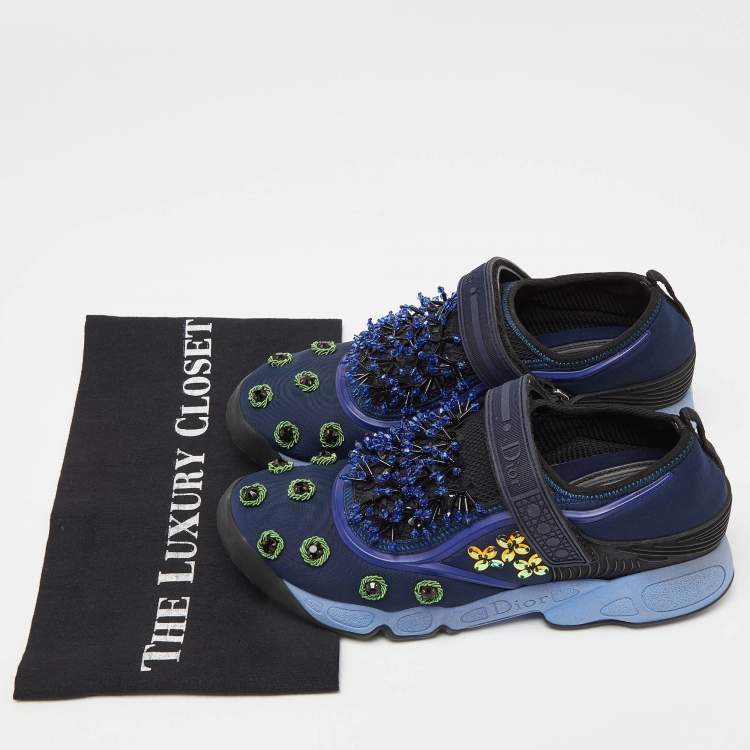 Pre Owned Dior Blue Neoprene and Mesh Fusion Embellished Velcro Strap Sneakers Size 37.5