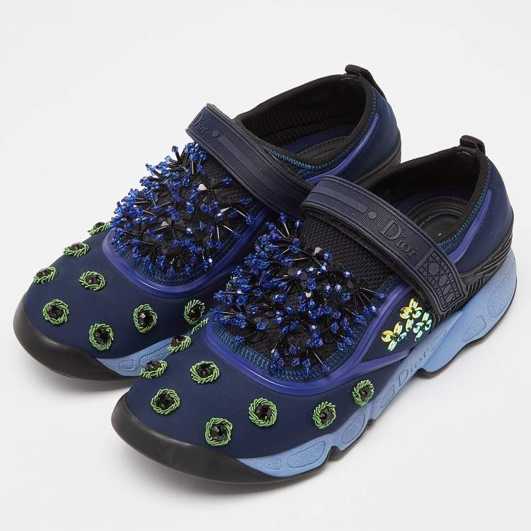 Pre Owned Dior Blue Neoprene and Mesh Fusion Embellished Velcro Strap Sneakers Size 37.5