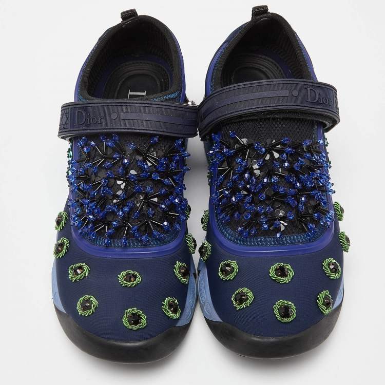 Pre Owned Dior Blue Neoprene and Mesh Fusion Embellished Velcro Strap Sneakers Size 37.5
