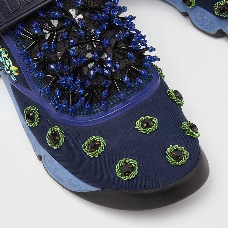 Pre Owned Dior Blue Neoprene and Mesh Fusion Embellished Velcro Strap Sneakers Size 37.5