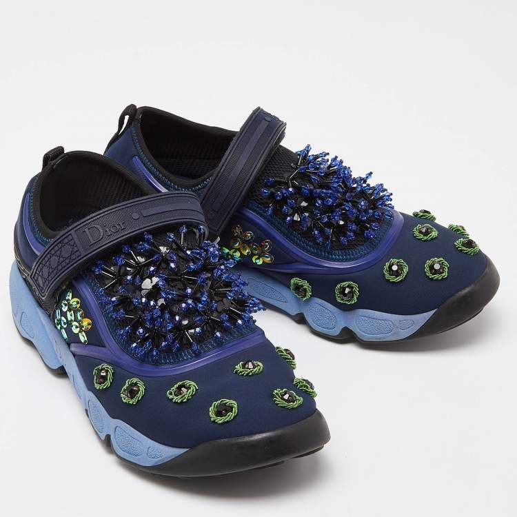 Pre Owned Dior Blue Neoprene and Mesh Fusion Embellished Velcro Strap Sneakers Size 37.5