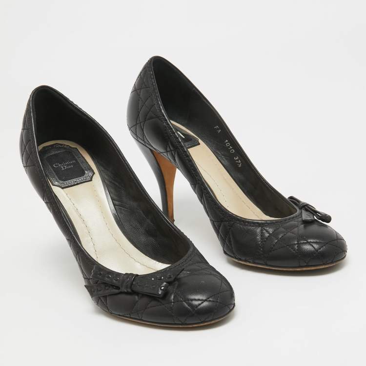 Pre Owned Dior Black Cannage Leather Bow Round Toe Pumps Size 37.5