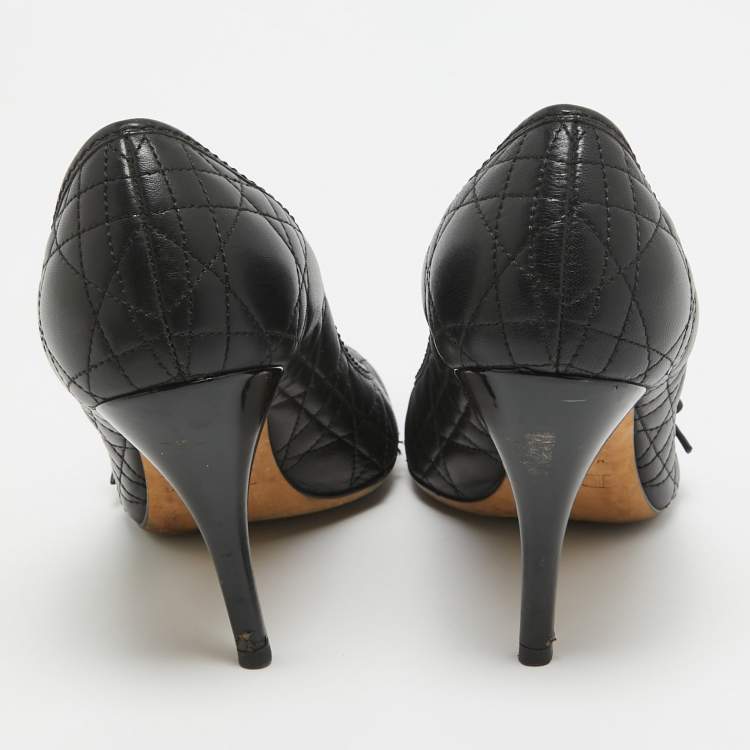 Pre Owned Dior Black Cannage Leather Bow Round Toe Pumps Size 37.5