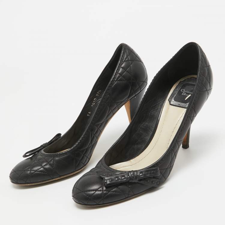 Pre Owned Dior Black Cannage Leather Bow Round Toe Pumps Size 37.5
