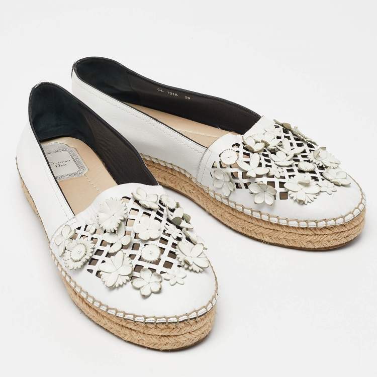 Pre Owned Dior White Laser Cut Leather Flower Applique Flore Flat Espadrilles Size 39