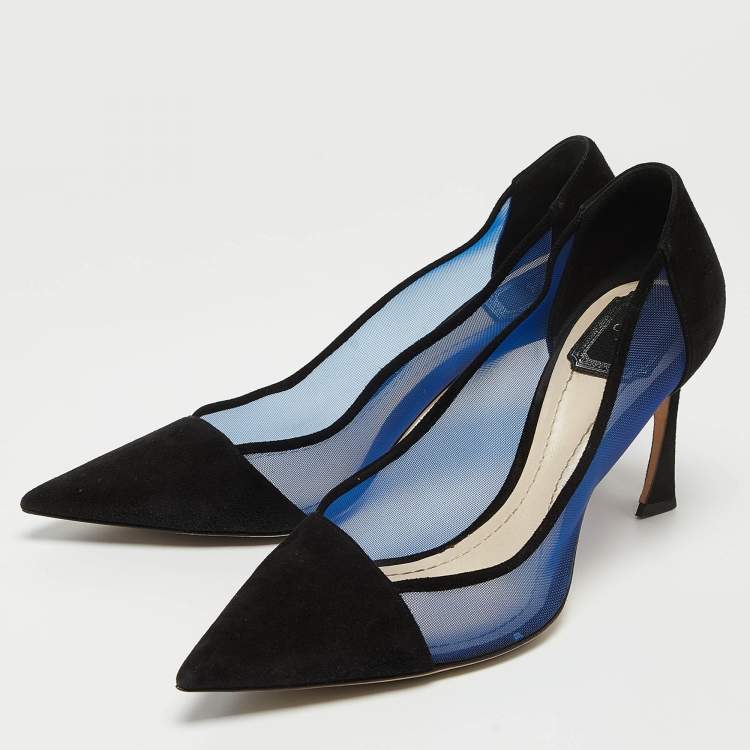 Pre Owned Dior Black/Blue Suede and Mesh Pointed Toe Pumps Size 39.5