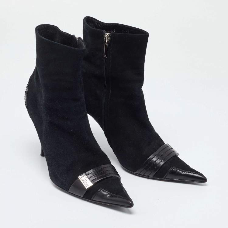 Pre Owned Dior Black Suede and Leather Pointed Toe Ankle Booties Size 40