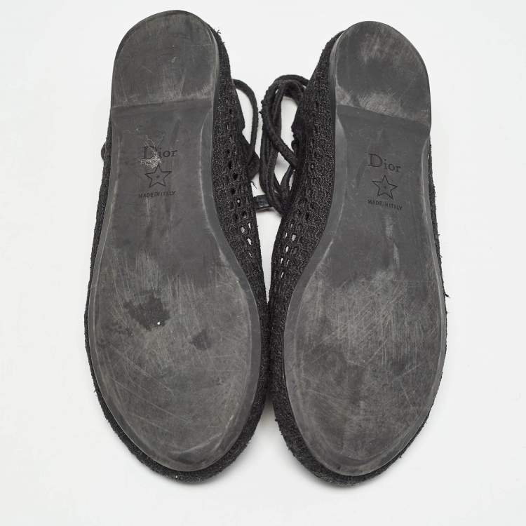 Pre Owned Dior Black Embroidered Mesh Poeme Ankle Tie Ballet Flats Size 37