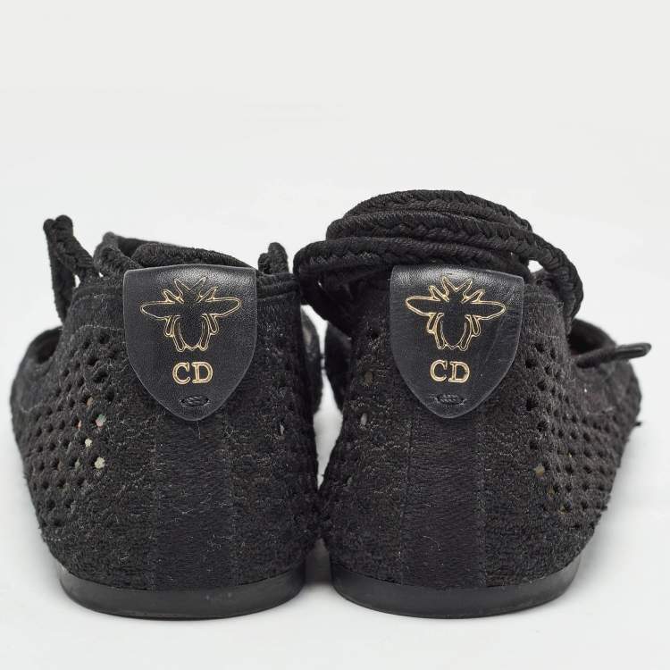 Pre Owned Dior Black Embroidered Mesh Poeme Ankle Tie Ballet Flats Size 37