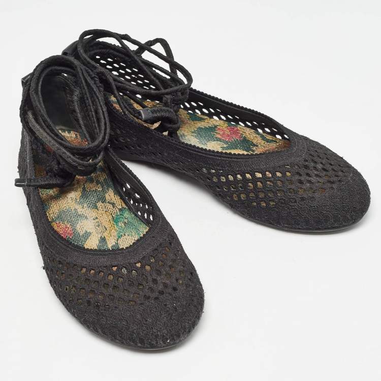 Pre Owned Dior Black Embroidered Mesh Poeme Ankle Tie Ballet Flats Size 37