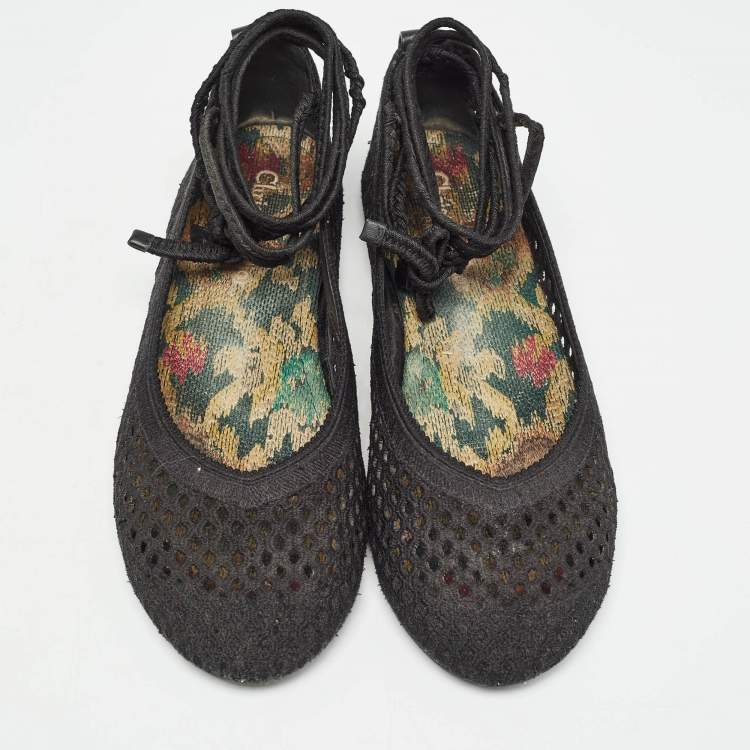 Pre Owned Dior Black Embroidered Mesh Poeme Ankle Tie Ballet Flats Size 37