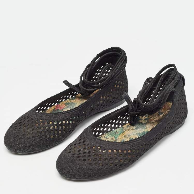 Pre Owned Dior Black Embroidered Mesh Poeme Ankle Tie Ballet Flats Size 37