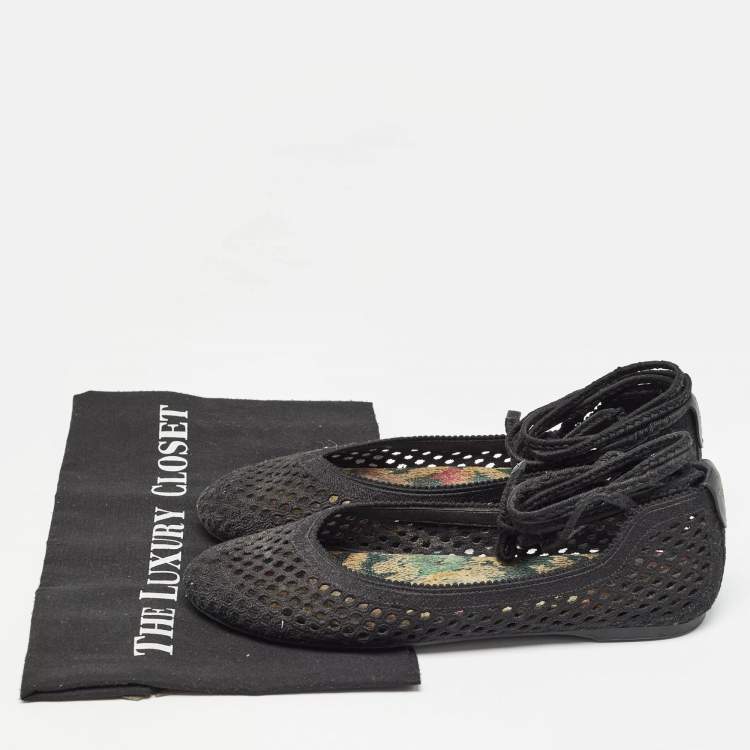Pre Owned Dior Black Embroidered Mesh Poeme Ankle Tie Ballet Flats Size 37