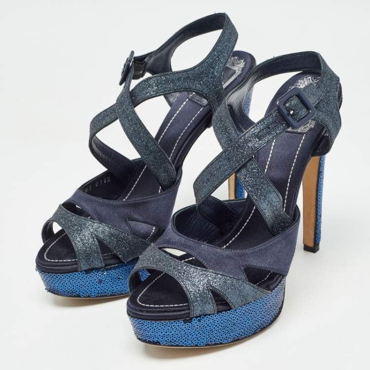 Pre Owned Dior Blue Satin and Glitter Platform Ankle Strap Sandals Size 40