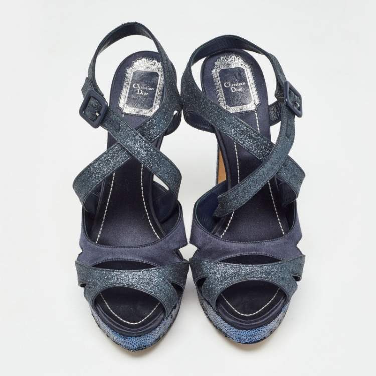 Pre Owned Dior Blue Satin and Glitter Platform Ankle Strap Sandals Size 40