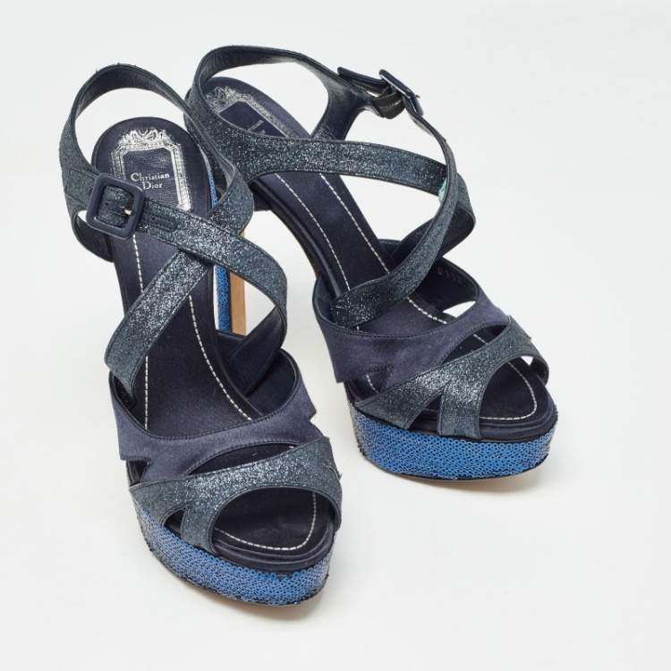 Pre Owned Dior Blue Satin and Glitter Platform Ankle Strap Sandals Size 40