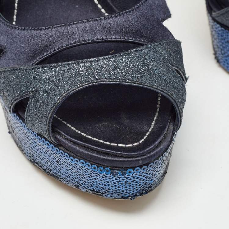 Pre Owned Dior Blue Satin and Glitter Platform Ankle Strap Sandals Size 40